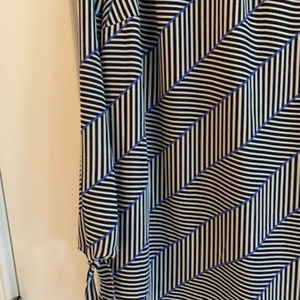 Striped black, white and blue striped blouse.